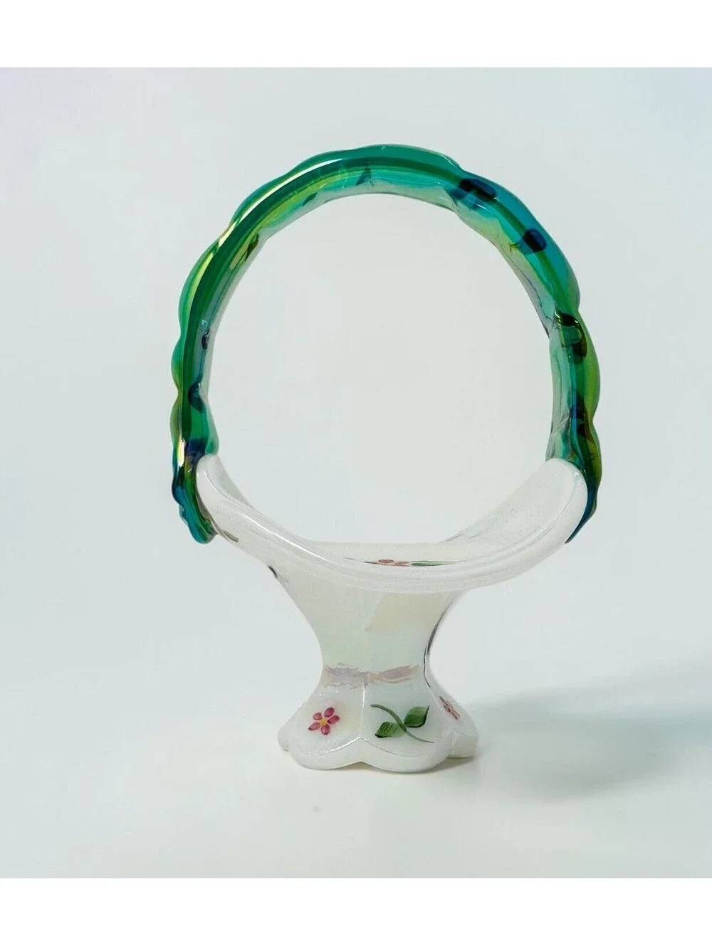 Fenton Glass Iridescent Spanish Lace Floral Hand Painted Mini Basket Signed